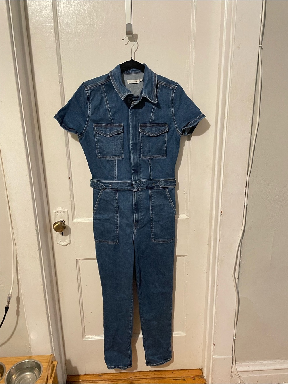 Good American Blue Short-Sleeve Denim Utility Jumpsuit